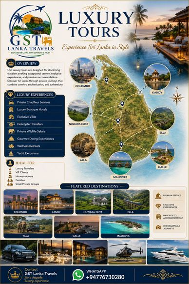 Map of Sri Lanka highlighting luxury tour destinations and experiences.