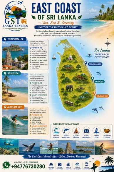 Explore Sri Lanka's East Coast with serene beaches, cultural heritage, and diverse adventures.