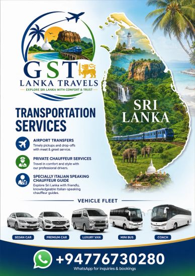 Travel advertisement for GST Lanka Travels offering transportation services in Sri Lanka.