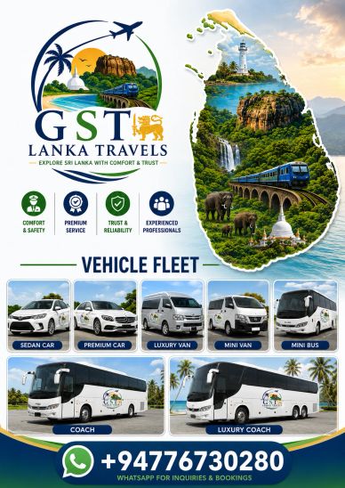 GST Lanka Travels offers comfortable and reliable vehicle rentals in Sri Lanka.