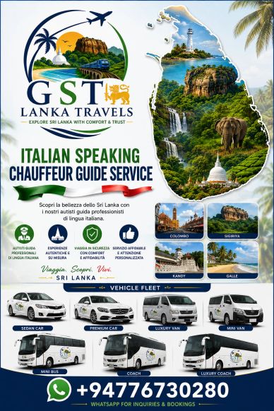 GST Lanka Travels offers Italian-speaking chauffeur guide service in Sri Lanka with various vehicle options.