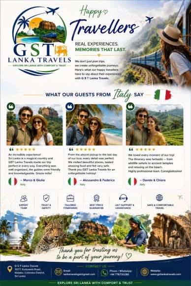 Travel agency ad showcasing Sri Lanka tours with happy Italian travelers and expert services.