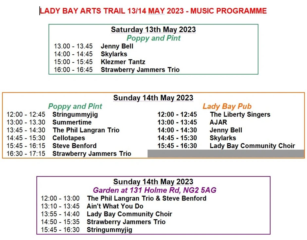 Lady Bay Arts Trail music program for 13-14 May 2023 at multiple venues.