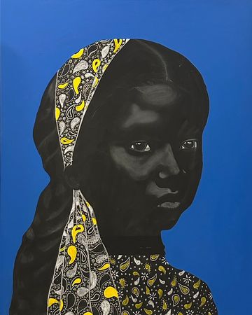 Portrait of a girl with a patterned headscarf against a blue background.