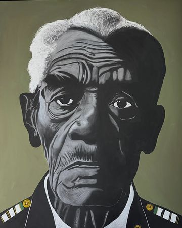 Black and white portrait of an elderly man with detailed wrinkles.