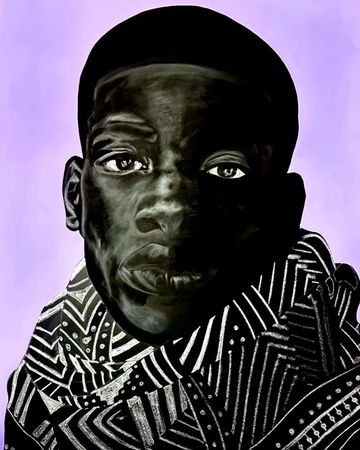 Portrait of a man with strong shadows and a patterned scarf.