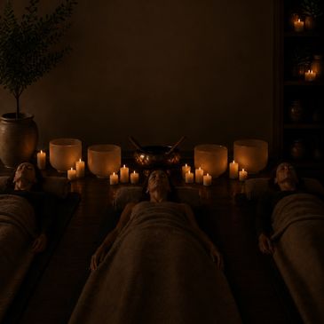 Three people relaxing with candles in a dark room.
