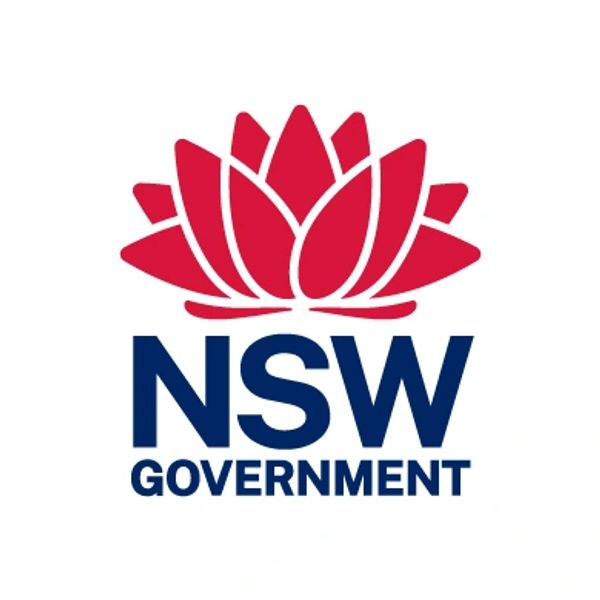 Red waratah flower above blue NSW Government text logo.