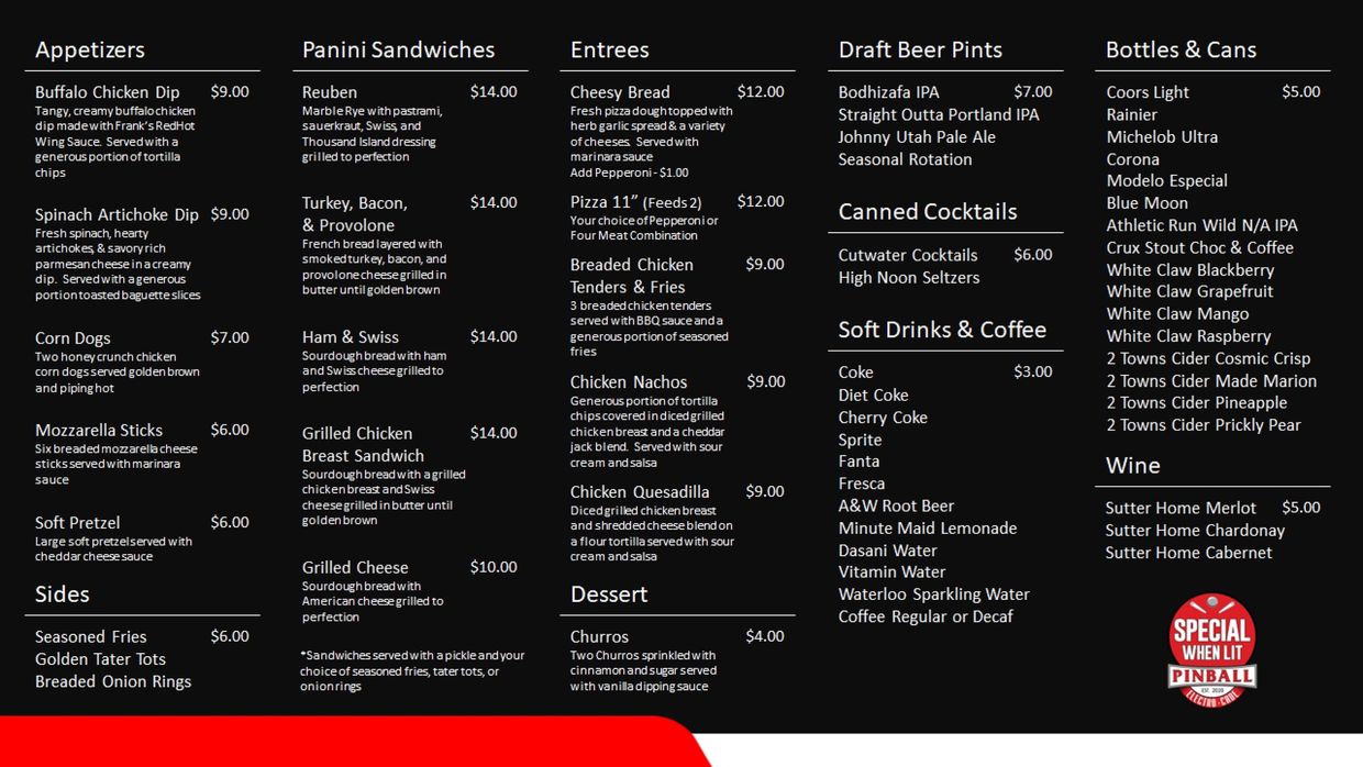Menu featuring appetizers, sandwiches, entrees, drinks, and desserts with prices.