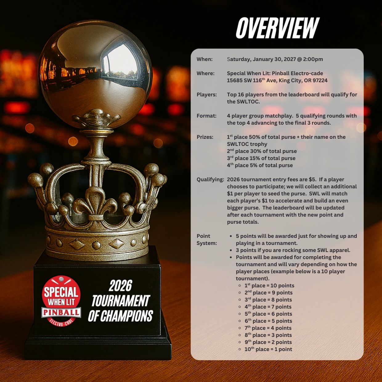 Trophy for the 2026 Special When Lit Pinball Tournament of Champions event details.