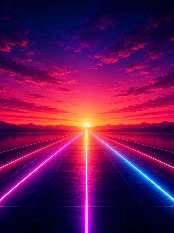 A futuristic neon-lit road leading to a vibrant sunset over mountains.