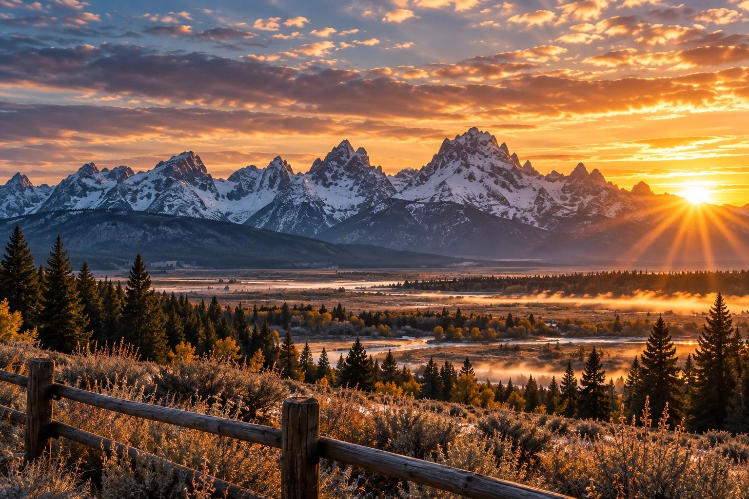 Sunrise over the Teton Range and Jackson Hole valley in Wyoming