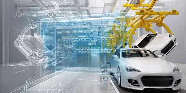 Modern car manufacturing with digital automation and robotic arms in a high-tech factory.
