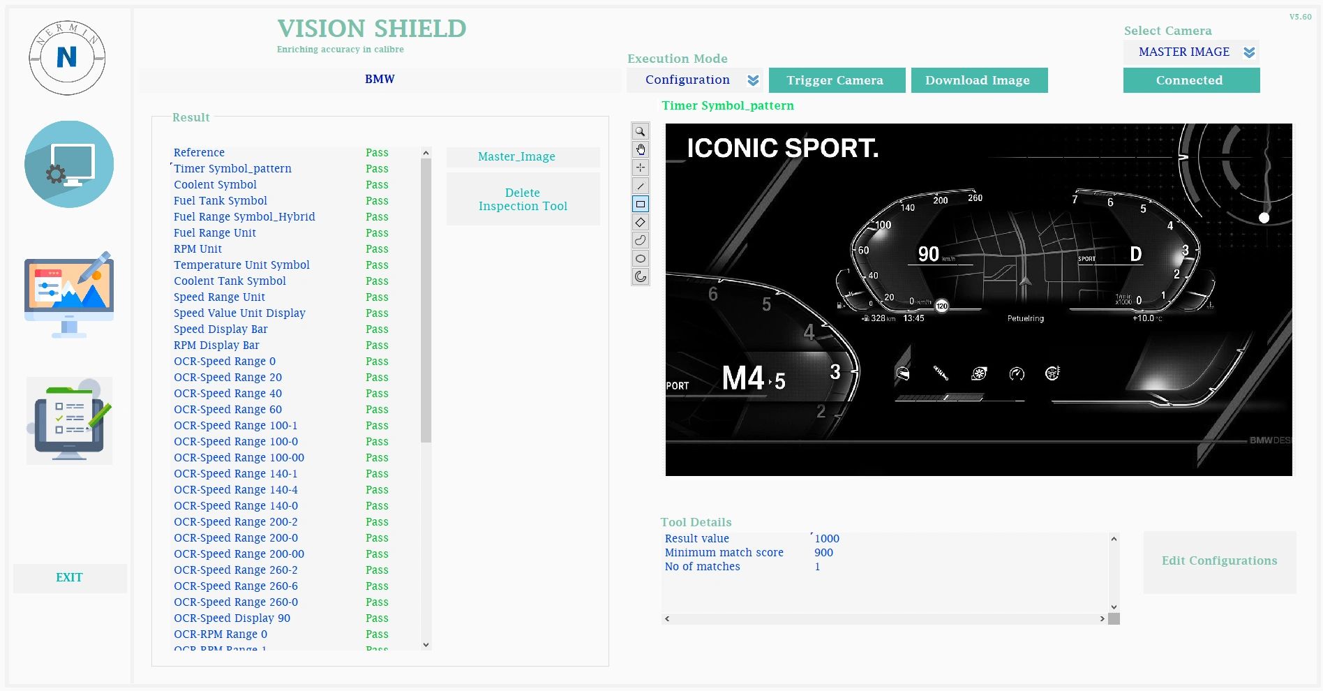 BMW digital dashboard interface with speed and RPM display passing all tests.