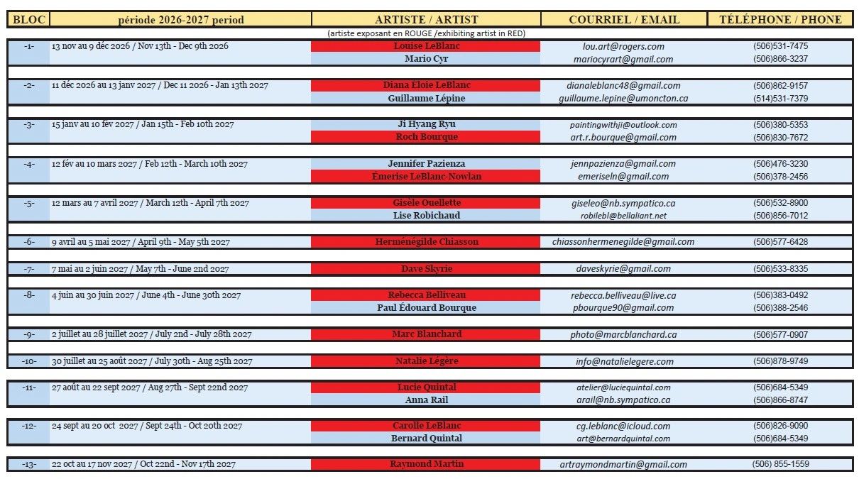 Schedule of artists exhibiting in 2026-2027 with contact details and dates.