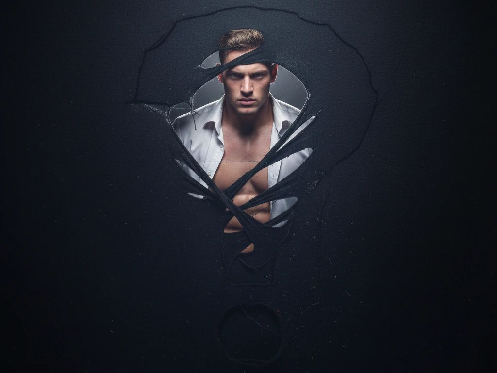 A man stares intensely through a torn question mark-shaped hole.