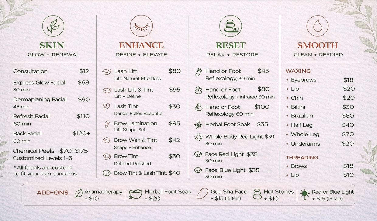 Beauty service menu with skin, enhance, reset, and smooth treatments.