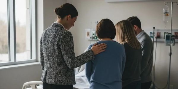 People comforting each other in a hospital room.