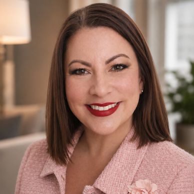 Smiling woman with straight brown hair and red lipstick.