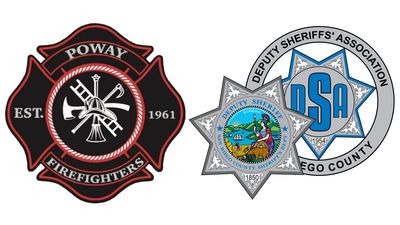 Two badges: Poway Firefighters and Deputy Sheriffs' Association of San Diego County.