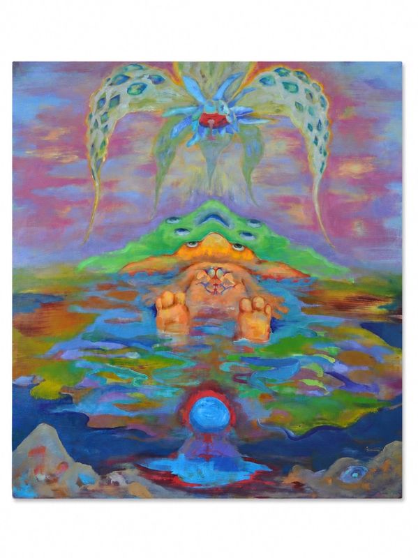 Surreal painting with vibrant colors and abstract figures.