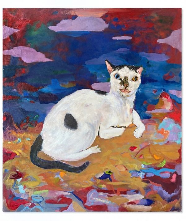 Painting of a white cat with heterochromia on a colorful abstract background.