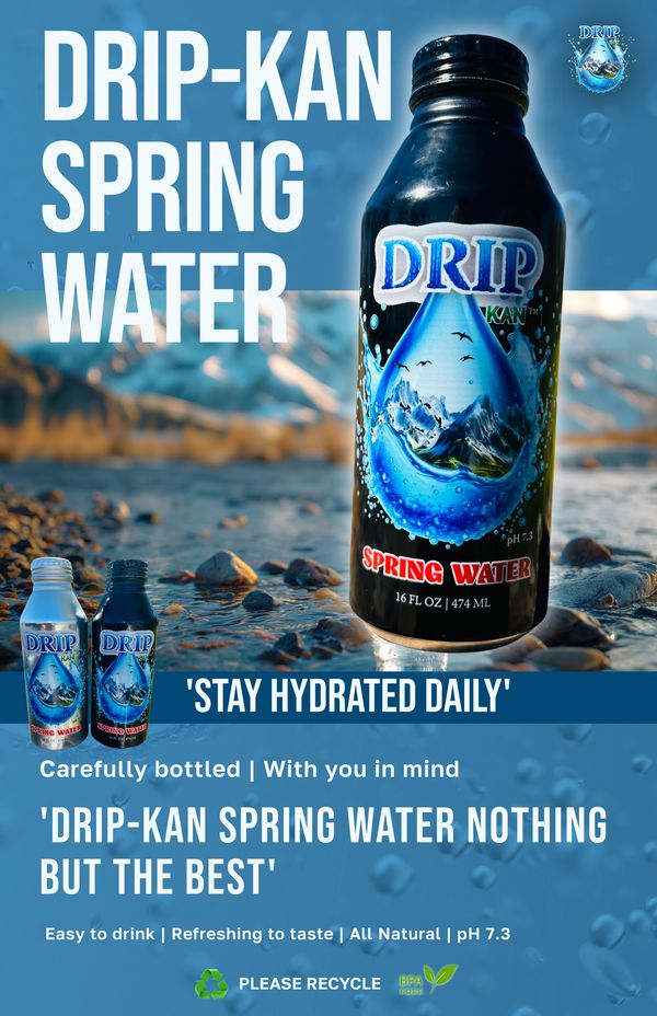 Drip-Kan Spring Water bottles with mountain and water drop design.