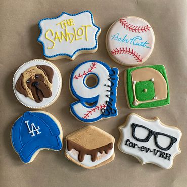 Sandlot-themed decorated cookies with baseball designs.