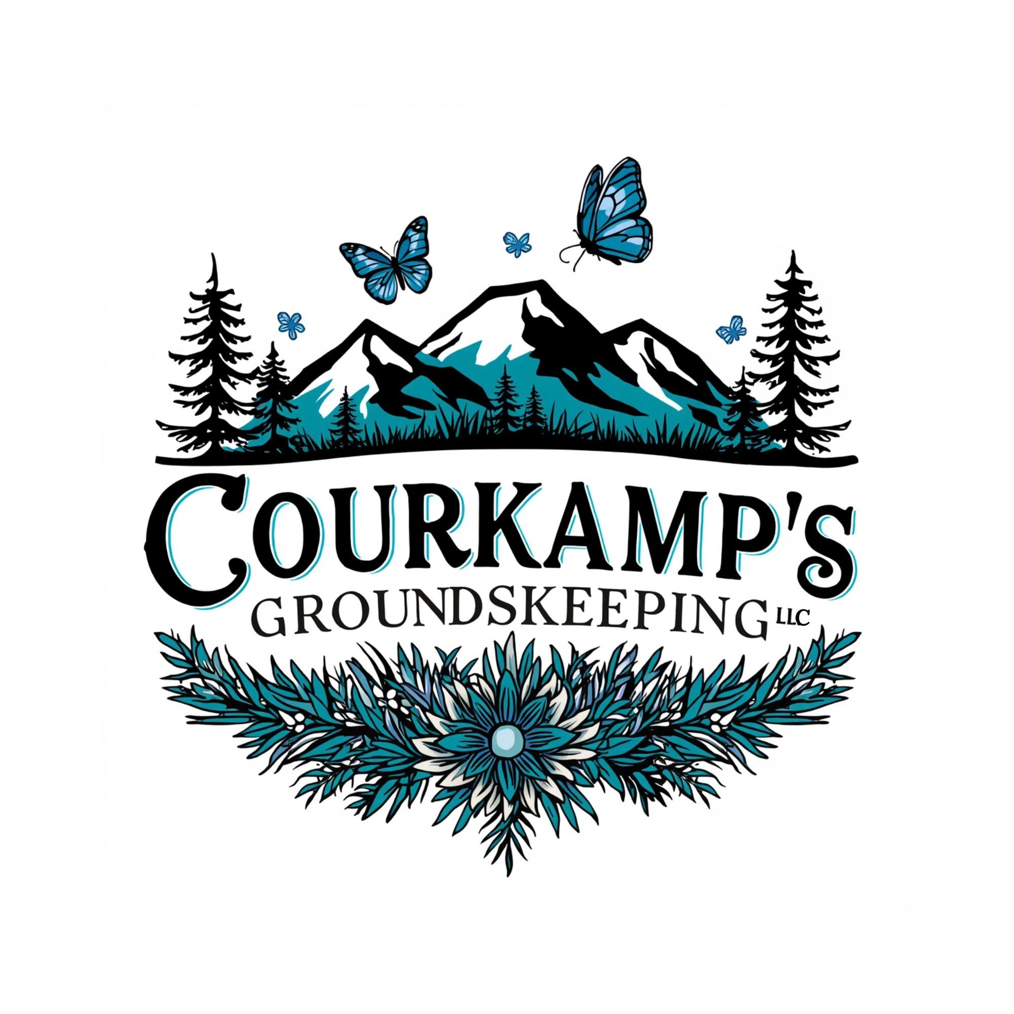 Logo of Courkamp's Groundskeeping LLC with mountains, blue butterflies, and floral design.