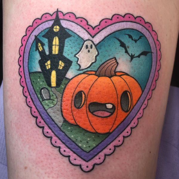 Kawaii Cute Cartoon Halloween Spoopy Spooky Halloween Scene Scenery Pumpkin Tattoo