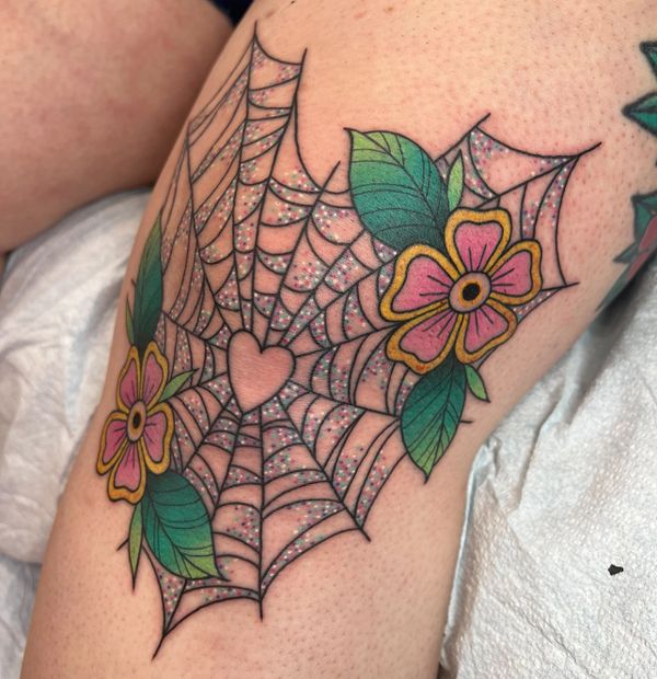 Cute Girly Spiderweb Knee Tattoo Flowers Floral 