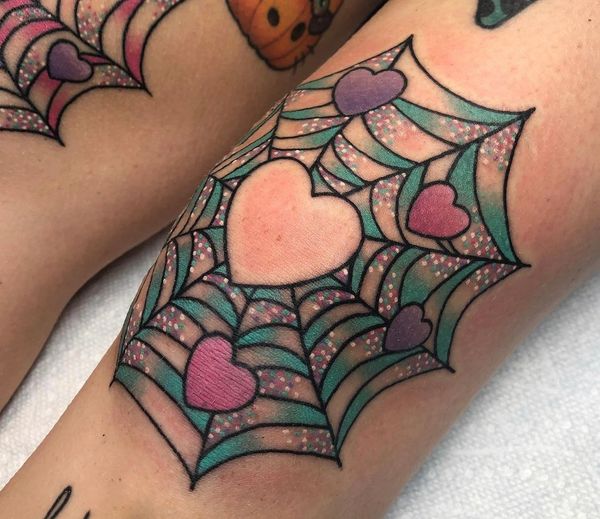 Cute and Girly Heart Spiderweb Knee Tattoo Alex Strangler Las Vegas