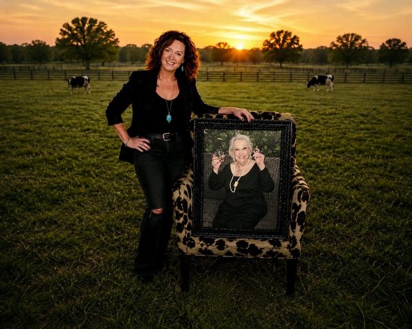 Woman posing with a framed photo of another woman on a chair in a field at sunset.