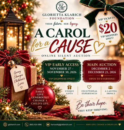 Charity auction poster for Glorietta Klarich Foundation's 'A Carol for a Cause'.