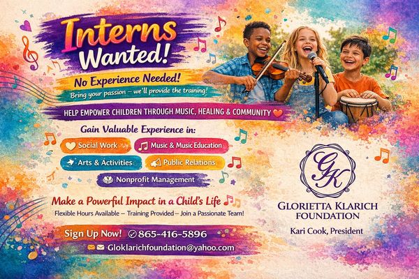 Colorful flyer seeking interns for Glorietta Klarich Foundation in music and community roles.