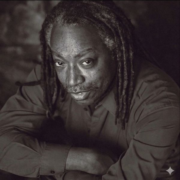 Black and white photo of a man with dreadlocks looking confidently at the camera.