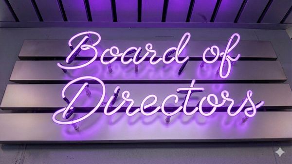 Neon sign reading 'Board of Directors' in purple light.