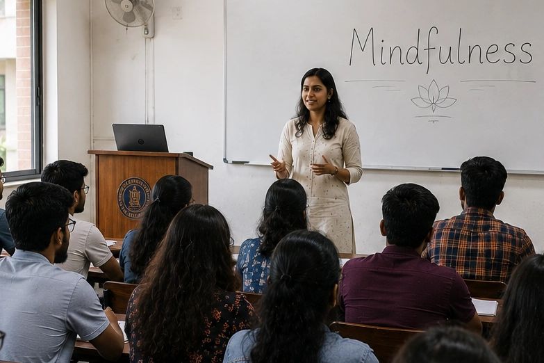 A woman teaching mindfulness to students in a classroom.