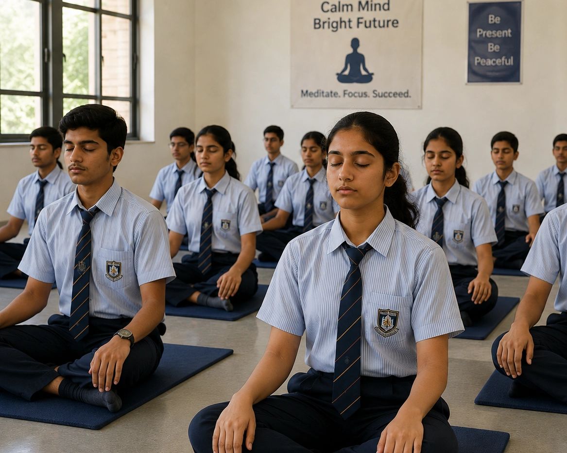 Students in school uniforms meditating calmly in a classroom.