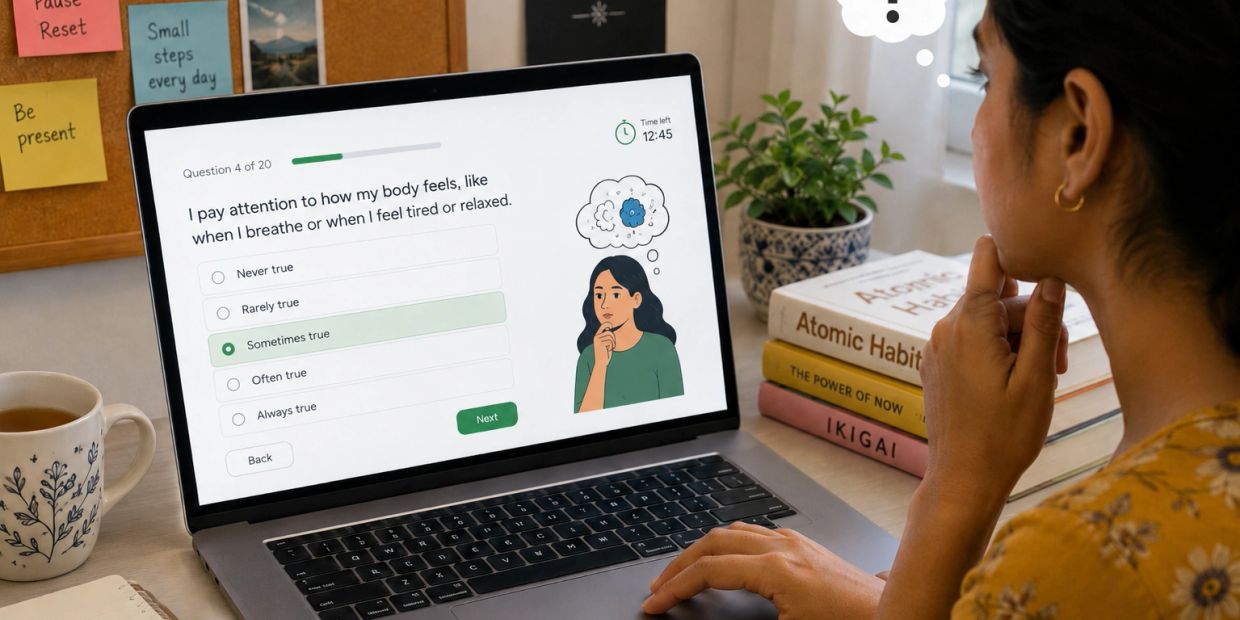 Person completing an online mindfulness questionnaire on a laptop.