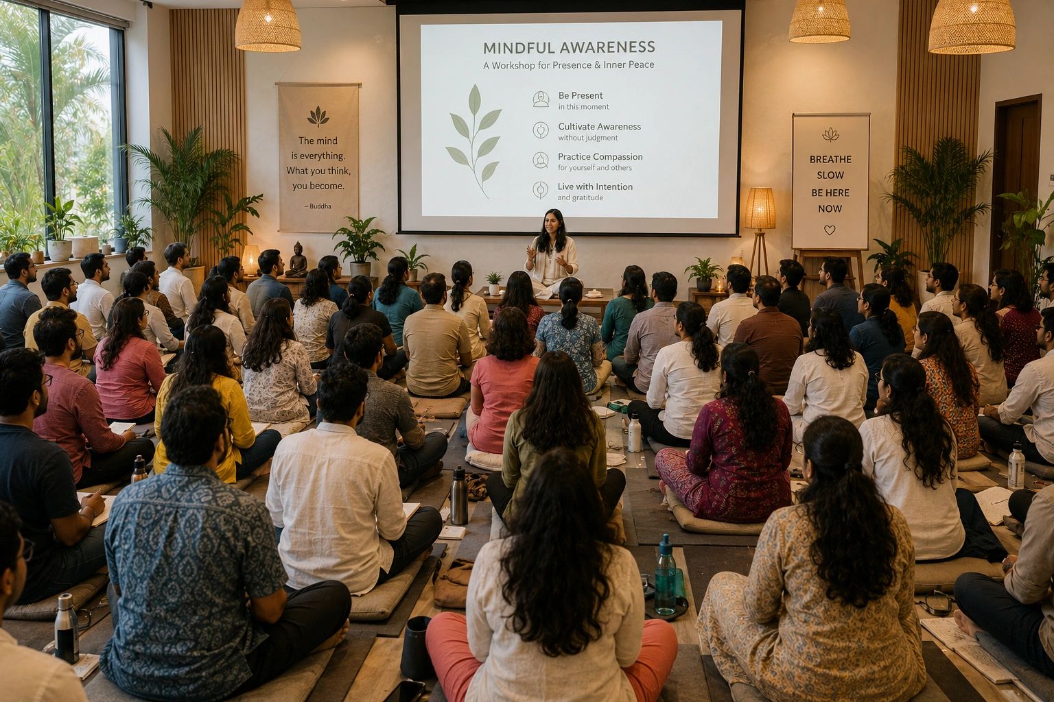 A group attends a mindful awareness workshop focused on presence and inner peace.
