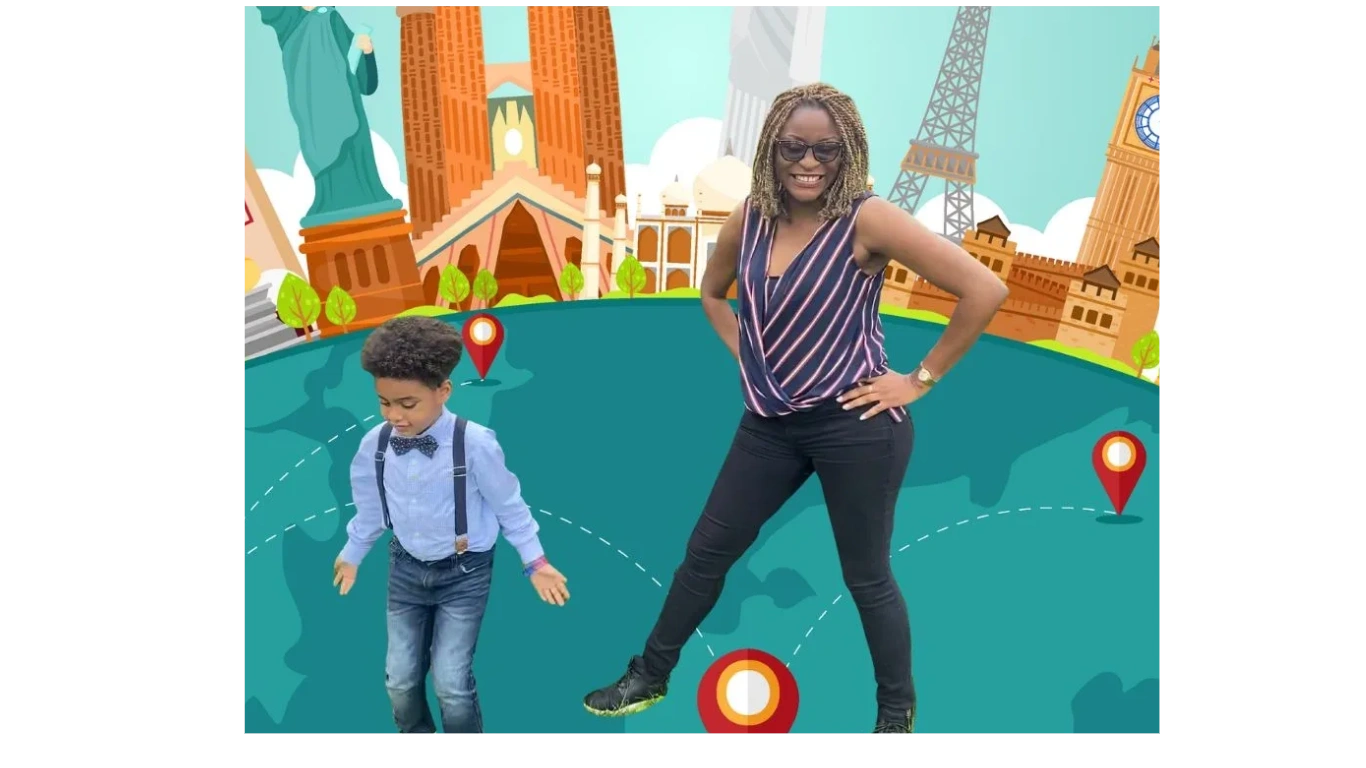 Mother and son stand on backdrop showing iconic buildings and places around the world