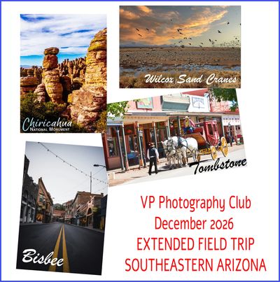Collage of Southeastern Arizona landmarks for VP Photography Club's December 2026 trip.