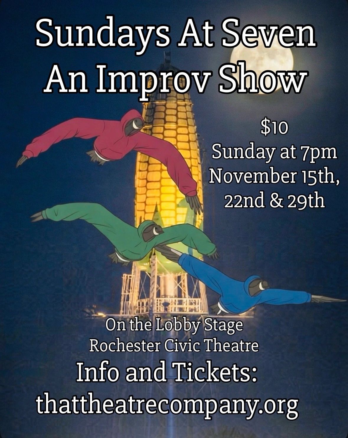 Poster for Sundays At Seven Improv Show with event details.