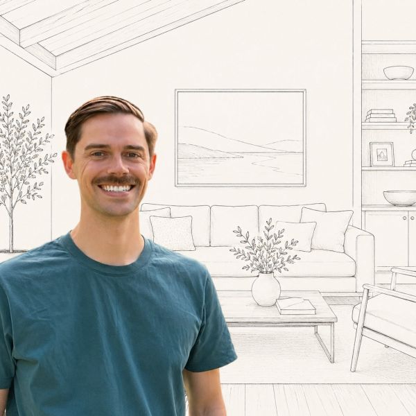 Smiling man stands in front of sketched living room background.