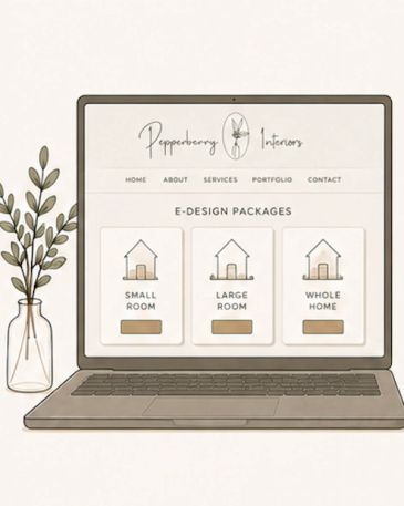 Laptop screen showing e-design interior packages.