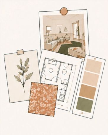Mood board with interior designs and color swatches.