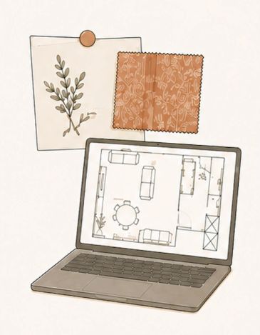 Laptop displaying a floor plan with design references pinned above.