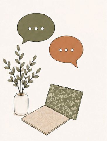 Two speech bubbles and a plant in a vase with fabric swatches.