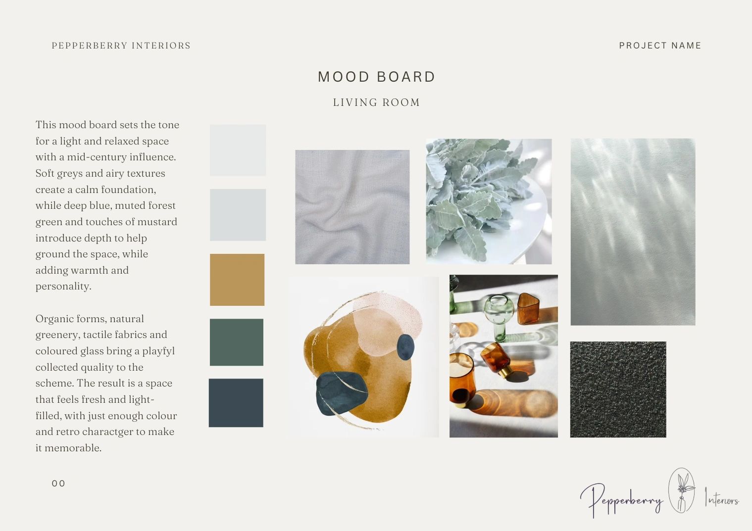 Mood board for a relaxed, mid-century inspired living room with soft greys, blues, and earthy tones.